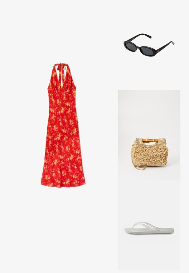 Red floral summer dress with a halter neck design, featuring a fitted bodice and flowing skirt, made of lightweight fabric with a smooth texture.; White flip-flop with a textured sole, featuring thin straps and a flat design. Made of rubber with a subtle logo on the footbed.; Black oversized sunglasses with oval lenses, smooth plastic frame, and gold accents on temple. Dark lenses provide sun protection.; Woven straw handbag with bamboo handles, featuring a textured fringe design in natural beige and a gold chain strap.