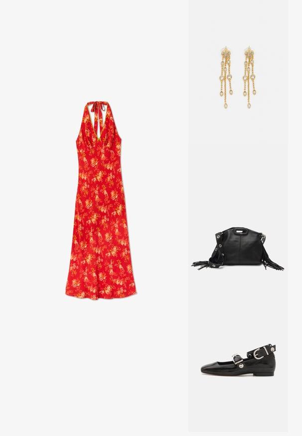 Rotes florales Sommerkleid mit Halterneck-Design, featuring einem taillierten Oberteil und fließendem Rock, aus leichtem Stoff mit glatter Textur.; Schwarze Lackleder-Ballerina mit eckiger Zehenpartie, Knöchelriemen mit silberner Hardware und flacher Sohle. Glatte Textur mit minimalistischen Design.; Maje MISS MINI - Umhängetasche - noir; Goldtonige Ohrringe mit mehreren kaskadierenden Ketten, verziert mit klaren ovalen Strasssteinen und dekorativen Ohrsteckern.