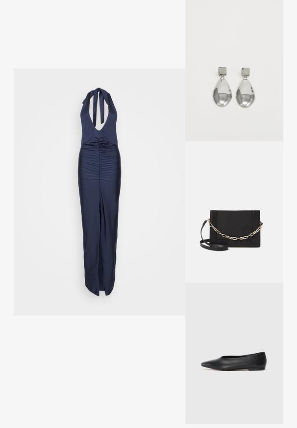 Salopetă bleumarin cu bretele halter, cu decolteu adânc în V și detalii de țesătură strânsă la talie, având picioare largi și o textură netedă.; Balerini din piele neagră, vârf ascuțit, design minimalist, textură netedă, toc de mică înălțime, fără hardware sau embellishments vizibile.; Geantă de umăr din piele neagră, cu o textură netedă, formă rectangulară și un detaliu din lanț metalic în față. Include curea reglabilă.; Cercei din argint cu stud pătrat, având un finisaj neted și lustruit, într-o formă de lacrimă, care reflectă lumina cu o suprafață lucioasă.