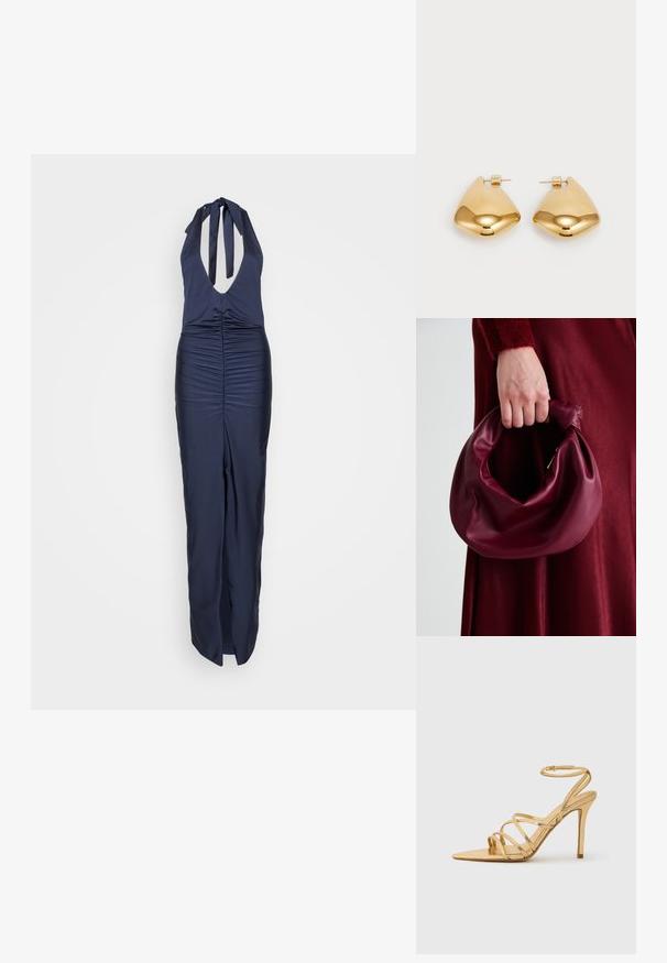 Tumedast sinine kaeluseta mänguholster, millel on sügav V-kaelus ja kogutud kangast detail vöökohtades, laiad jalad ja sile tekstuur.; Kuldne rihmadega kõrge kontsaga sandaal, millel on terav nina, metallne viimistlus, õhuke pahkluu rihm ja tekstureeritud konts. Elegantne disain minimaalsete aktsentidega.; Burgundia värvi nahk käekott, millel on pehme, kokku tõmmatav disain ja ümar kuju. Käepide on kindlalt kinnitatud, näidates siledaid pindu.; Kuldtoon metall kõrvarõngad, millel on sile, ümar kolmnurkne kuju ja tagaküljel olev kinnitamine; peeglilaadne pinda, millel on minimaalne detailide hulk.