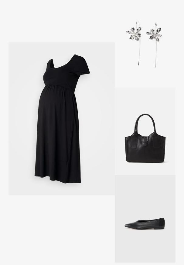 Fekete kismama ruha puha anyagból, rövid ujjakkal, testhezálló felsőrésszel és empire derékkal, amely térd hosszúságú szoknyába folyik.; Fekete bőr balettcipő, hegyes orral, minimalista dizájn, sima textúra, alacsony sarkú, látható fémrész vagy díszítés nélkül.; Fekete bőr bevásárlótáska sima textúrával, strukturált formával, két fogantyúval és egy figyelemfelkeltő ezüst csattal az elején.; Ezüst virágformájú fülbevalók, texturált felülettel, hosszú akasztókkal és szirmokra hasonlító részletekkel az összetett dizájn érdekében.