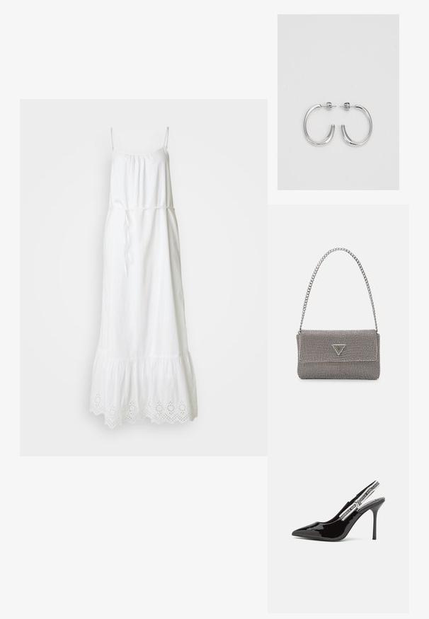 Balta bez piedurknēm maksi kleita ar regulējamiem spageti siksniņām, vidukļa saitēm un izšūtu acs apdari apakšmalā, izgatavota no viegla auduma.; Melna lakādas atvērtā papēža kurpe ar smailu purngalu, plānu stiletto papēdi un regulējamu siksniņu ar baltā tekstā redzamu logotipu.; Gaiši pelēka metāla rokassoma ar ķēdes siksnu, rotāta ar mazām apaļām metāla kniedēm un trīsstūra zīmola logo.; Sudraba stīpas auskari ar gludu, spīdīgu virsmu, izceļas ar izliektaveida formu un aizdari ar tapu. Minimālistisks dizains ar mūsdienīgu apdari.