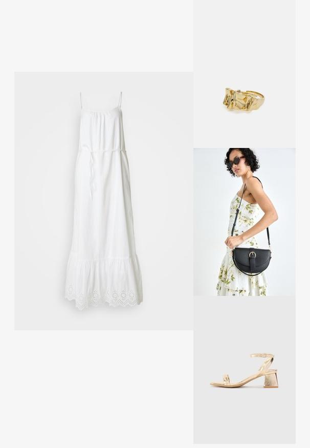 Biele, bezrukávove maxi šaty s nastaviteľnými špagetovými ramienkami, viazaním v páse a vyšívaným krajkovým lemom na spodnom okraji, vyrobené z ľahkej látky.; Zlaté metalické sandále na podpätku s uhlovým blokovým podpätkom, dvoma pásikmi cez nohu a nastaviteľným pásikom okolo členka. Hladká textúra.; Čierna kožená kabelka s zaobleným tvarom, odnímateľným popruhom a zlatými doplnkami. Kabelka má klopu s detailom s prackou.; Zlatý prsteň s textúrovaným, vlnitým dizajnom, ktorý má tri výrazné vrcholy. Hladký, lesklý povrch a otvorený pásik pre nastaviteľné prispôsobenie.; Zlatý prsteň s textúrovaným, vlnitým dizajnom, ktorý má tri výrazné vrcholy. Hladký, lesklý povrch a otvorený pásik pre nastaviteľné prispôsobenie.
