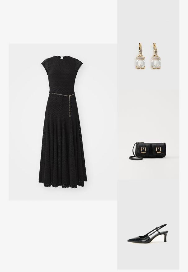 Černé šaty s krátkými rukávky, texturovanou tkaninou, přiléhavým živůtkem a rozšířenou sukní. Obsahují dekorativní řetízkový pásek v pase.; Černé lakované slingback podpatky s špičatou špičkou, zdobené texturovaným hadím vzorem, nastavovacím páskem a krátkým texturovaným blokovým podpatkem.; Černá kožená crossbody taška se dvěma předními kapsami, zlatými přezkami, zipovým uzávěrem a štíhlým popruhem. Texturovaný povrch a kompaktní obdélníkový tvar.; Náušnice ve zlatém odstínu s obdélníkovým, průhledným krystalem zavěšeným pod řadou malých, kulatých průhledných akcentů. Elegantní, moderní design.