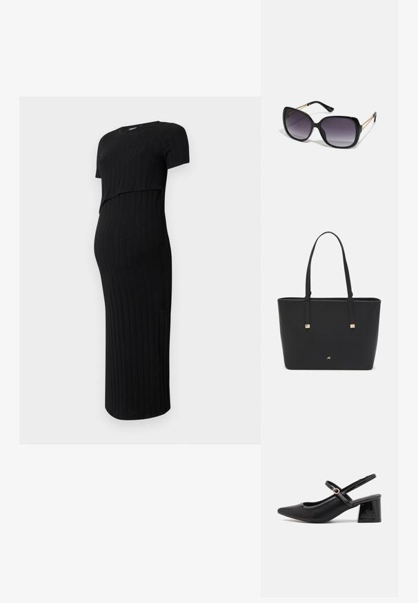 Črna obleka za materinstvo iz rebraste tkanine. Ima prilagojeno zasnovo s kratkimi rokavi in ukrivljenim robom, primerna za rastoči trebuh.; Črne patentne usnjene salonarce s slingback obliko, s koničastim nosom, zaobljenim izrezom in blok peto. Imajo zlato kovinsko zaponko kot dodatno okrasje.; Črne prevelike sončne očala z degradacijskimi lečami, debelimi okvirji in zlatimi verižicami na ročajih.; Črna torba iz sintetičnega materiala, preproste pravokotne oblike, z zlatimi kvadratnimi detajli in dvojnih ročajem.