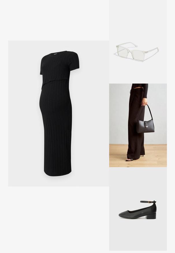 Vestido de maternidade preto feito de tecido canelado. Apresenta um design justo com mangas curtas e uma bainha arredondada, adequado para uma barriga em crescimento.; Sandal de pele preta com bico pontiagudo e um salto bloco baixo. Apresenta uma tira no tornozelo com uma fivela em tom dourado. Textura suave.; Óculos quadrados de plástico transparente com lentes translúcidas, apresentando detalhes em dourado nas hastes.; Bolsa preta com forma estruturada, textura suave e um fecho metálico. Combinada com calças largas pretas e sandálias de salto aberto sobre um chão de madeira.