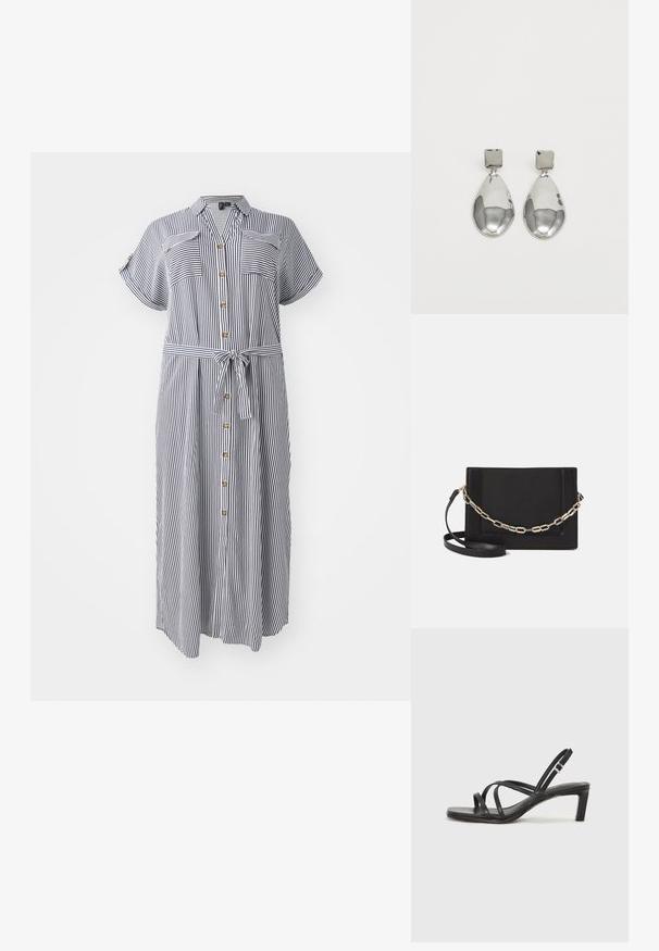 Vestido listrado, com botões, de mangas curtas, cinto na cintura e dois bolsos no peito. As cores incluem azul-marinho e branco.; Sandal de tiras pretas com biqueira quadrada e um pequeno salto bloco. Apresenta várias tiras finas e uma tira no tornozelo ajustável. Feito de couro liso.; Bolsa crossbody de couro preto com uma textura suave, forma retangular e um detalhe em corrente metálica na frente. Inclui uma alça ajustável.; Brincos de gota em prata com um pino quadrado, apresentando um acabamento liso e polido e uma forma de gota, refletindo a luz com uma superfície brilhante.