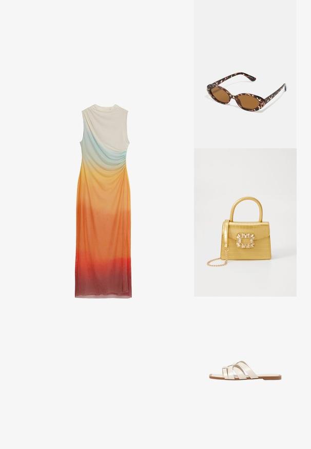 Ärmelloses Kleid mit drapiertem Design, das einen Ombre-Verlauf von hellblau zu orange und rot aufweist, aus weichem, leichtem Stoff gefertigt.; Flache Sandalen mit einer honigfarbenen Gummisohle, gestaltet mit drei überlappenden weißen Lederriemen und einem kleinen Schleifendetail in der Mitte.; Sonnenbrille aus Schildpatt mit ovalen Gläsern, braun getönt, dünnen Bügeln mit strukturiertem Muster, leichtem Kunststoffrahmen.; Gelbe Kunstleder-Handtasche im Krokodil-Look mit strukturiertem Design, Obergriff, abnehmbarem Kettenriemen und dekorativer Kristallverzierung am Verschluss.