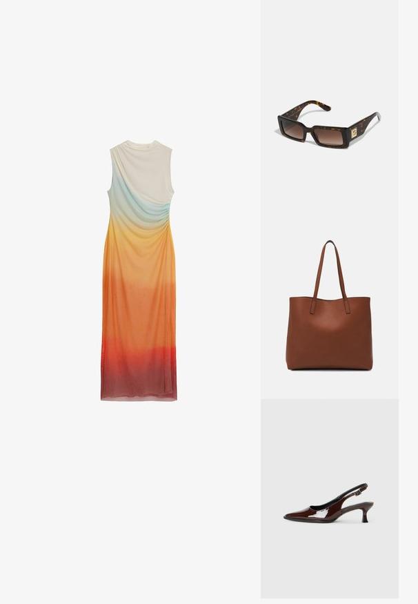 Šaty bez rukávů s volně splývajícím designem, s ombre gradientem od světle modré po oranžovou a červenou, vyrobené z jemné, lehké látky.; Hnědé lakované kožené slingback boty s špičatou špičkou a mírným podpatkem. Disponují přezkou pro bezpečné upevnění. Hladký povrch.; Sluneční brýle ve tvaru obdélníku s želvovinovým vzorem, hnědými gradientními skly a zlatým akcentem na spánku. Hladký plastový materiál.; Hnědá kožená taška přes rameno s hladkou texturou, otevřeným designem a dvěma ramenními popruhy. Obsahuje minimální švy a žádné viditelné kovové prvky.