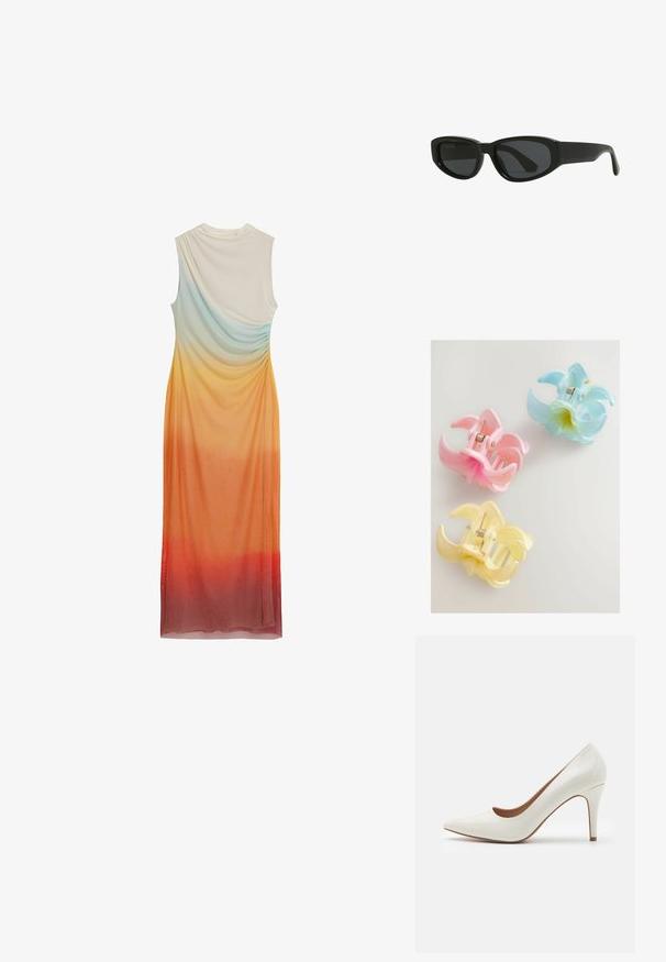 Ärmelloses Kleid mit drapiertem Design, das einen Ombre-Verlauf von hellblau zu orange und rot aufweist, aus weichem, leichtem Stoff gefertigt.; Weiße Lackleder-Pumps mit spitzer Zehenform und glatter Oberfläche, ausgestattet mit einem schmalen Absatz und einem niedrigen Schnitt um die Öffnung.; Schwarze Sonnenbrille mit einem schlanken, kantigen Design. Hergestellt aus Kunststoff, mit dunklen Gläsern und einer glatten, glänzenden Oberfläche. Keine bemerkenswerten Akzente.; Drei Plastikhaarklammern in Pastellfarben: Rosa, Gelb und Blau, geformt wie Blütenblätter, mit einem Federmechanismus und glänzender Oberfläche.