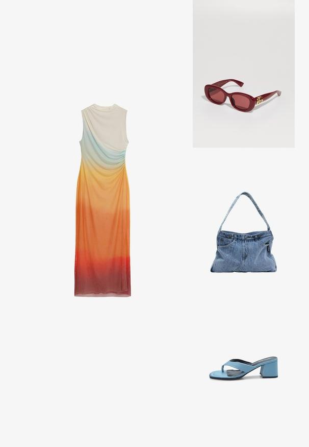 Mouwloze jurk met een gedrapeerd ontwerp, voorzien van een ombre-gradiënt van lichtblauw naar oranje en rood, gemaakt van zachte, lichte stof.; Lichtblauwe sandaaltjes met hak, gemaakt van soepel materiaal, open teen en een driehoekig bandontwerp. Dikke blokhak voor stabiliteit.; Rode plastic zonnebril met rechthoekige monturen, getinte lenzen en een gouden logo-accent op de pootjes. Gladde, glanzende afwerking.; Denim schoudertas met een gebogen hengsel, twee voorzakken en een knoopsluiting aan de bovenkant, met lichtblauwe stof en contrasterende stiksels.