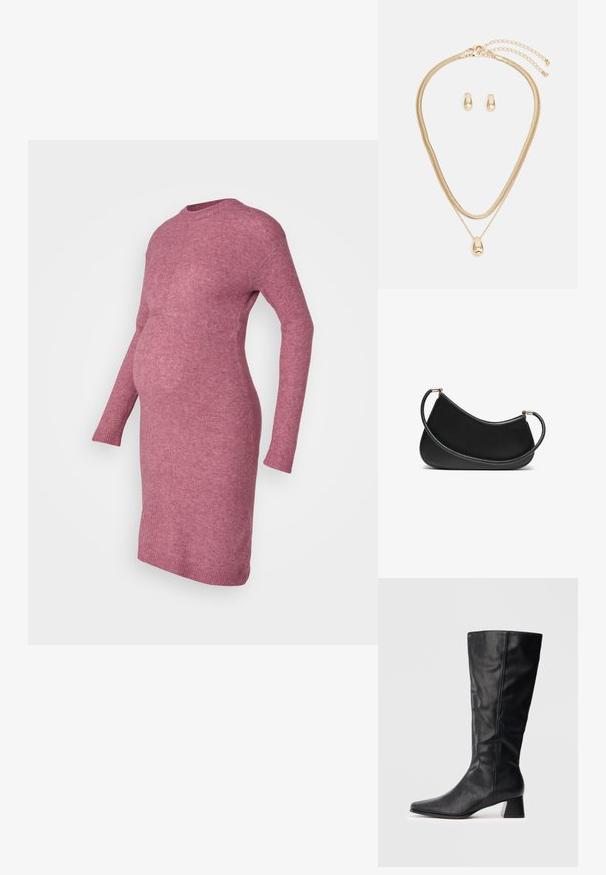 Kötött, hosszú ujjú kismama ruha puha, texturált rózsaszín anyagból, illeszkedő felsőrésszel és enyhén felszabdalt szegéllyel.; Fekete, vádli közepéig érő bőrcipő hegyes orral és tömbsarkal világos, egyszínű háttér előtt.; Fekete bőr válltáska ívelt dizájnnal, texturált pánttal és aranyszínű hardverelemekkel a felső záráson. Simára finomított felület.; Arany ékszerszett, amely egy rétegezett nyakláncot tartalmaz csepp alakú medállal és hozzá illő fülbevalókkal, mind polírozott felülettel.