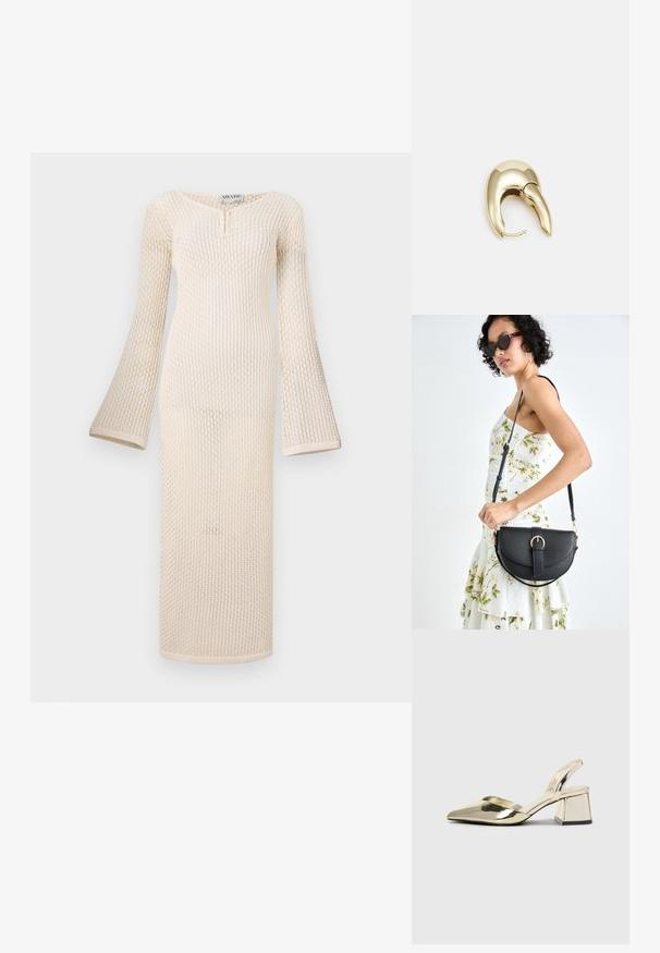 Långärmad, krämfärgad stickad klänning med ett texturerat mönster, med henleykrage och utsvängda ärmar, som når till mitt på vaden.; Guld, metalliska slingback-klackar med spetsig tå och chunky klack. Slät textur, minimalistisk design och en smal rem.; Svart läderhandväska med en böjd form, avtagbar rem och guldiga detaljer. Väskan har ett lock med en spänndetalj.; Örhänge i guldtonad metall med en elegant, böjd design. Har en distinkt spetsig form, polerad yta och gångjärnslås.