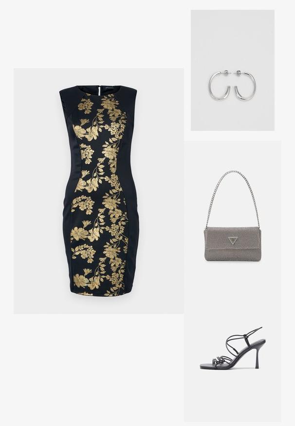 Juoda be rankovių suknelė su auksinėmis gėlėmis siuvinėjimu. Prigludęs dizainas su apvalia iškirpte ir paslėptu užtrauktuku gale.; Juodos aukštakulnės sandalai pasižymi plonyčiais dirželiais su mazgo dizainu, lygiu kvadratiniu pirštu ir elegantišku stiletto kulnu.; Šviesiai pilka metalinė rankinė su grandinėlės dirželiu, papuošta mažais apvaliais metaliniais smeigėmis ir trikampiu prekės ženklu.; Sidabrinės auskarai žiedai su lygiu, blizgiu paviršiumi. Suapvalinta forma, lengvas dizainas, su uždarymu ant smeigtuko.