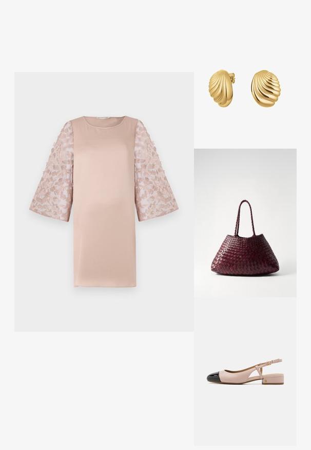 Světlé růžové šaty se pevným živůtkem a průhlednými krajkovými rukávy s květinovým vzorem. Mají kulatý výstřih a volný střih, který zdůrazňuje elegantní design.; Sandalové boty na podpatku s růžovou koženou svrchní částí a lesklou černou špičkou. Mají malý blokový podpatek a nastavitelné zapínání kolem kotníku.; DRAGON DIFFUSION SANTA CROCE BIG - Kabelka - bordo; Náušnice ve tvaru mušle se zlatým tónem, s rýhovanou strukturou a lesklým povrchem. Zavěšení na pecku s bezpečným uzavřením.