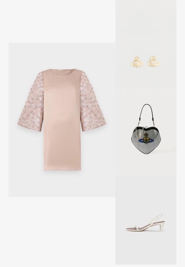 Svetloružové šaty so pevným korzetom a priesvitnými, kvetinovými čipkovými rukávmi. Majú okrúhly výstrih a voľný strih, ktorý zvýrazňuje elegantný dizajn.; Biele sandále na opätku so slabým podpätkom, tenkými pásikmi a hladkým koženým povrchom; obsahujú malú dekoratívnu sponu.; Taška v tvare srdca vyrobená z mriežkového materiálu s kovovým vzhľadom, so vzorom mačky a planéty v modrej, žltej a červenej farbe. Obsahuje reťazový popruh.; Náušnice so zlatým odtieňom v tvare Saturna s textúrovaným pásom a osadenými kruhovými kryštálmi pre väčší lesk.