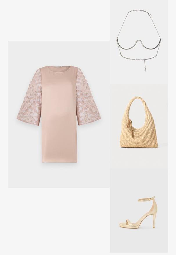 Helles pinkes Kleid mit solidem Oberteil und durchsichtigen, floralen Spitzenärmel. Hat einen runden Halsausschnitt und einen lockeren Schnitt, der das elegante Design betont.; Goldfarbene metallische High-Heel-Sandale mit offener Zehenpartie, Knöchelriemen mit Schnalle und einer Plattformsohle für zusätzliche Höhe. Glatte Textur.; Geflochtene beige Handtasche mit einem geschwungenen Griff, strukturiertem Oberflächen und einem braunen Quasten-Detail. Hat eine lässige Hobo-Form.; Cult Gaia ASHA BODY JEWELRY - Sonstige Accessoires - bright shiny silver-coloured