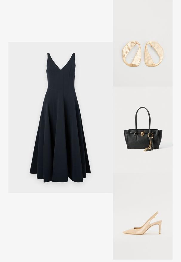 Granatowa sukienka bez rękawów z dekoltem w kształcie V, rozkloszowanym dołem i pionowymi szwami, o gładkiej fakturze i długości do kostek.; Nude lakierowane czółenka na obcasie typu slingback z ostrym noskiem, otwartą cholewką i cienkim obcasem typu stiletto. Charakteryzują się okrąłym złotym akcentem na pasku.; Czarna skórzana torebka na podwójnych uchwytach, ze złotym zamkiem i łańcuszkiem, a także czarno-białym ozdobnym frędzlem na białym tle.; Para nieregularnych, owalnych kolczyków ze złotego metalu o teksturowanej, lekko młotkowanej powierzchni na białym tle.
