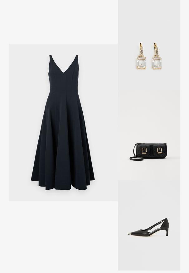 Tamsiai mėlyna be rankovių suknelė su V formos iškirpte, skeltuku sukneles sijonas ir vertikalus siūlų apdaila, pasižyminti lygiu paviršiumi ir kulkšnį siekiančiu apvadu.; Juodos odos bateliai su žemu kulniuku, smailiu sidabro spalvos pirštinės gaubtu ir dvigubais dirželiais, ant balto fono.; Juodas odinis per petį nešiojamas krepšys su dviem priekiniais kišenėmis, auksiniais sagtimis, užtrauktuko uždarymu ir siauromis petnešomis. Textūruota paviršius ir kompaktiškas stačiakampis formatas.; Auksinės spalvos auskarai, kuriuose yra stačiakampis, skaidrus kristalas, kabantis po eile mažų, apvalių skaidrių akcentų. Šiuolaikiškas, modernus dizainas.