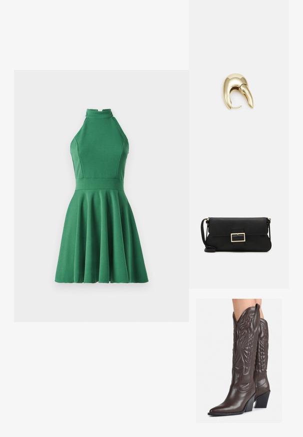 Roheline rinna-tasku kleit, mis on valmistatud siledast, venivast kangast. Sobiv bodice koos flared seelikuga, millel on kõrge kaelus ja volditud detailid.; Pruunid nahast cowboy saapad terava varbaga ja plokk-kandaga, millel on detailne tikand ja kergelt tõstetud aktsendid varrel.; Must haben musta nahkklahviga kott, millel on klapp ja kuldne metallist pandla detail. Kaasas must rihm ja stiilne, minimalistlik disain.; Kuldtooni metallist kõrvarõngas, millel on elegantne ja kaarjas disain. Omab silmapaistvat teravat kuju, poleeritud pinda ja hingesulgemist.