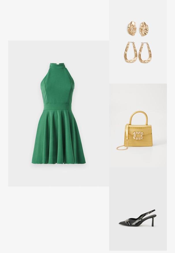 Vestido verde com alças, feito de um tecido suave e elástico. Corpos ajustado com uma saia rodada, apresentando um decote alto e detalhes franzidos.; Sapato slingback preto em pele patentada com bico apontado, tiras no tornozelo apresentando fivelas e acessórios prateados, e um salto elegante.; Bolsa amarela em pele de crocodilo falsa, com um design estruturado, pega no topo, alça de corrente removível e decoração de cristal no fecho.; Brincos em tom de ouro com formas onduladas e texturizadas. Inclui studs escultóricos com presilha e um design de argola aberta com um acabamento martelado.
