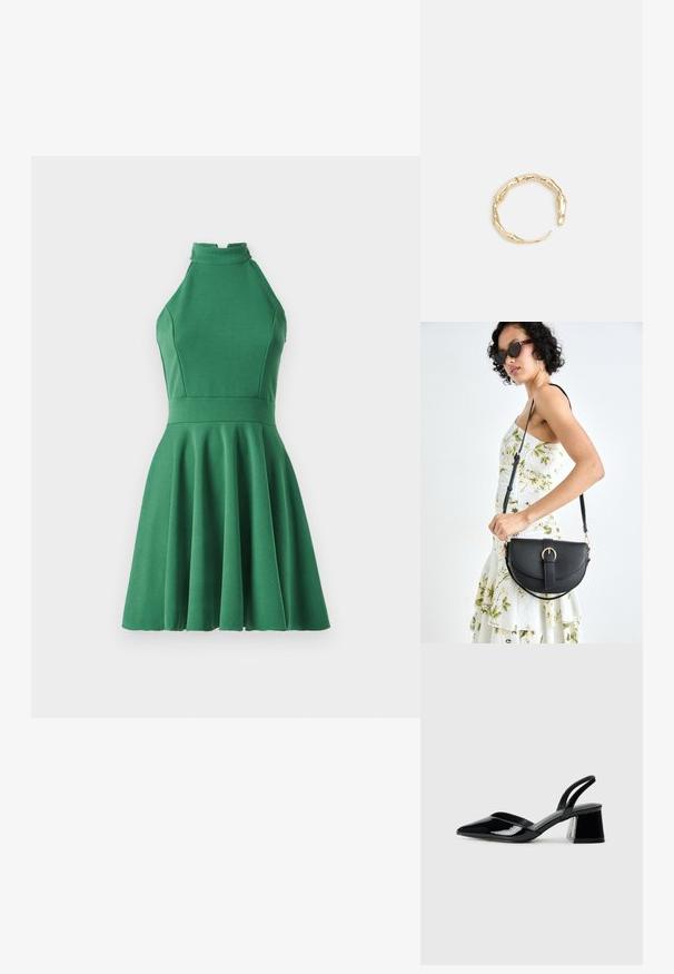 Zelena halter obleka iz gladkega, raztegljivega materiala. Prilegajoča se korzet s široko krilo, z visokim ovratnikom in nabranimi detajli.; Črne lakirane slingback pete s koničastim nosom in geometrijsko blokasto peto. Imajo eleganten, minimalističen dizajn in gladko teksturo.; Črna usnjena torbica s ukrivljeno obliko, z odstranljivo naramnico in zlatimi dodatki. Torbica ima pokrov s podrobnostmi v obliki zaponke.; Zlati prstan s organskim, zvitim dizajnom, gladko površino in taperiranimi konci, ki ustvarja modernega, skulpturalnega videza.