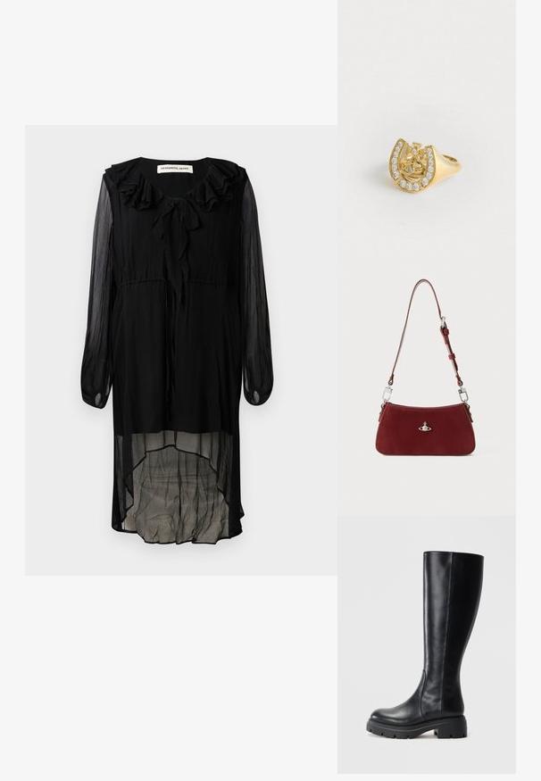 Crna čipkasta haljina s naboranim izrezom, dugim rukavima i asimetričnom dužinom. Sadrži vezicu oko vrata i prozračnu, lepršavu teksturu.; Crne čizme do koljena od glatke kože, s okruglim vrhom i debelim gumenim potplatom s uzorcima za prianjanje.; Crvena suede torba preko ramena s zakrivljenim oblikom. Ima srebrni naglasak i podesivu traku s detaljima od hardvera. Glatka tekstura.; Zlatni prsten s dizajnom krune unutar potkove, ukrašen malim prozirnim draguljima, na bijeloj pozadini.