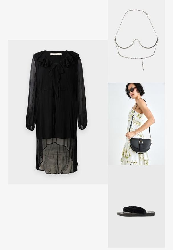 Svart chiffonkjole med rynket utringning, lange ermer og høy-lav kant. Har en knyting i halsen og en flytende, gjennomsiktig tekstur.; Sorte flip-flop sandaler med to myke, lodne stropper, flat gummisåle og teksturert fotseng for grep. Enkel design i et monokromt fargevalg.; Svart lærveske med en buet form, avtagbar stropp og gullbeslag. Vesken har et klaff med spenne-detall.; Cult Gaia ASHA BODY JEWELRY - Andre accessories - bright shiny silver-coloured
