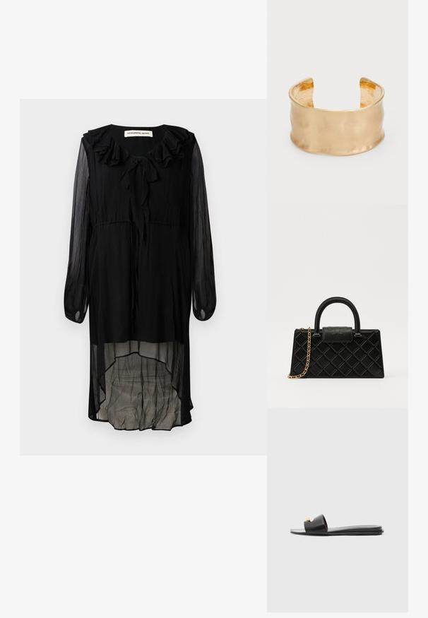 Musta sifonimekko, jossa on röyhelökaulus, pitkät hihat ja korkea-matalahame. Mekossa on nauha kaulassa ja virtaava, läpikuultava rakenne.; Musta liukkaat sandaalit leveällä ylhäällä, sileä nahkapinta, avonainen varvasta malli ja kultainen yksityiskohta hihnassa. Litteä pohja.; Mustaväri käsilaukku, joka on valmistettu teksturoidusta nahasta ja jossa on timanttikuvio, kultasävyinen ketjuolkaintassa ja pääkahva, jossa on logolla painettu läppä.; Kullanılan altın tonlarına sahip, pürüzsüz ve dalgalı bir yüzeye sahip bilezik, dokulu bir iç kısım ve açık tasarımı ile organik bir şekil oluşturuyor.