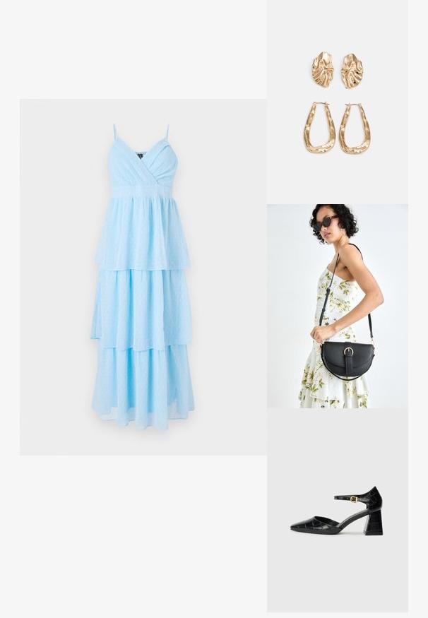 Svijetlopliva haljina na slojeve s V-izrezom, tankim trakama, izrađena od lagane tkanine, s suptilnim uzorkom točkica kroz cijeli materijal.; Crna lakirana visoka potpetica s izoštrenim prstom, remenom oko gležnja i teksturiranom krokodilskom šablonom. Dizajn kvadratne blok potpetice.; Crna kožna torba s lukovitim oblikom, odvojivim remenom i zlatnim detaljima. Torba ima preklop s kopčom.; Naušnice zlatne boje s teksturiranim, valovitim oblicima. Uključuju skulpturalne kopče i dizajn otvorene kružnice s kovanom završnom obradom.