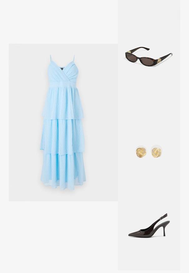 Lys blå tiered kjole med V-hals, tynne stropper, laget av et lett stoff, med et subtilt prikkete mønster gjennom hele.; Slingback høyhælte sko i blankt mørkebrunt patentlær, spiss tå, åpne sider og justerbar ankelrem.; Skilpadde-solbriller med avlange ovale linser, brun tint, gull-logo aksenter på stengene og elegante svarte armer.; Gullige svungne øreringer med klar bakgrunn, som har teksturerte gullakenter og små klare edelstener innebygd i designet.