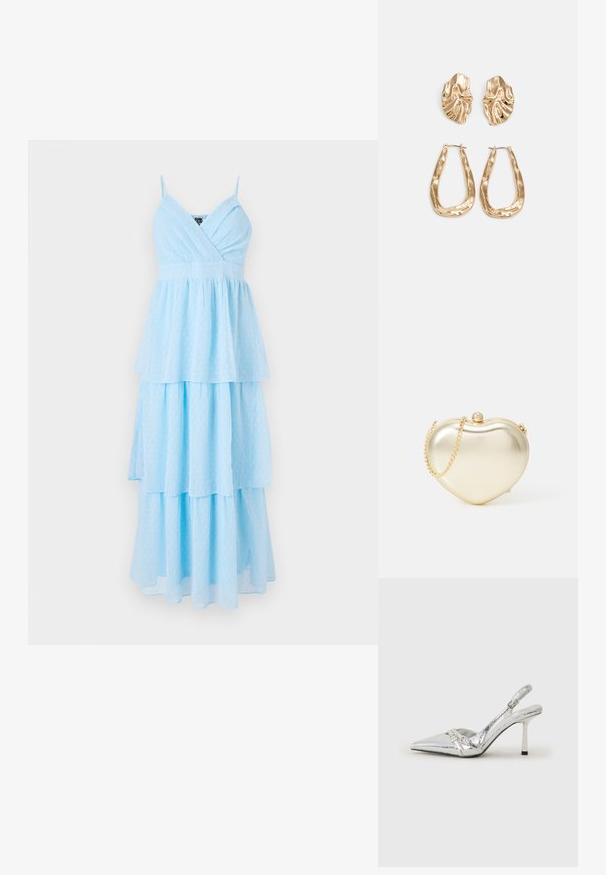 Rochie din material ușor, cu volane, de culoare albastru deschis, cu decolteu în V și bretele subțiri, având un model discret cu buline pe toată suprafața.; Pantofii cu toc înalt, argintii, cu vârf ascuțit, finisaj metallic, două curele decorative și un toc subțire cu vârful negru.; Clutch metalic auriu în formă de inimă, cu curea din lanț și detalii cu clapetă din perlă. Textură netedă, design compact pentru lucruri esențiale mici.; Cercei aurii cu forme texturate și ondulate. Include studs sculpturale cu clip și un design de cerc deschis cu un finisaj cioplit.
