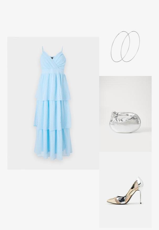 Šviesiai mėlyna sluoksniuota suknelė su V formos iškirpte, plonomis petnešėlėmis, pagaminta iš lengvo audinio, su subtiliu taškeliais raštu visame paviršiuje.; Aštrus pirštas aukštakulnis batelis su sidabro, aukso ir nuogų spalvų deriniu. Blizgus paviršius su išpjovos dizainu, su stiletto kulnu.; Sidabrinė metalinė maišelio forma su švelnia, apvalia forma ir mazgu užveriamu viršumi. Pagaminta iš lygios dirbtinės odos medžiagos.; Sidabrinės pusmėnulio auskarai minimalistiniu dizainu. Apskritimo forma, lygus paviršius ir plonas profilis. Lengvi su poliruotu apdailu.