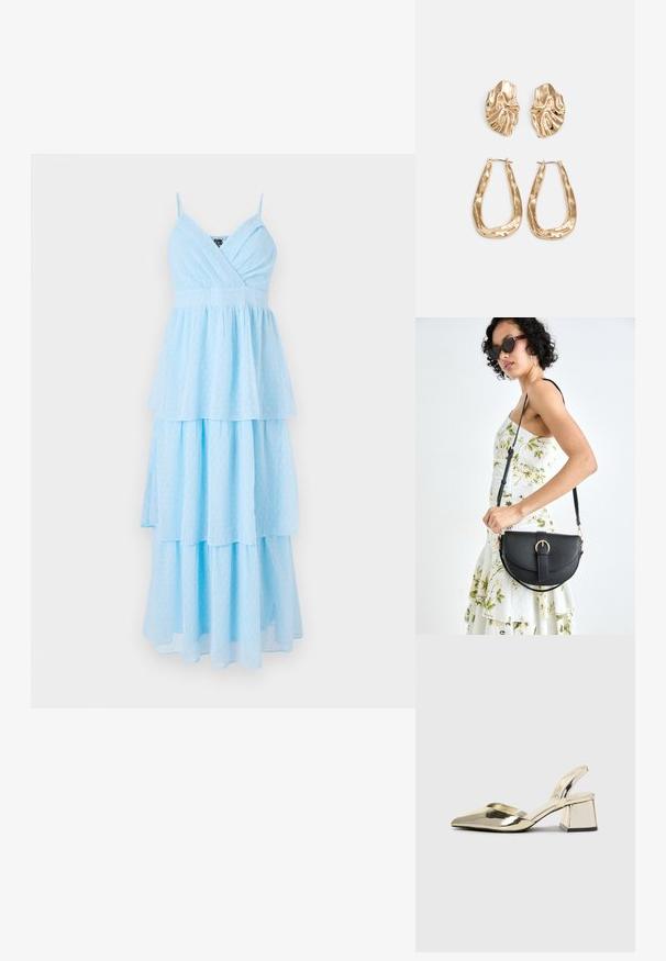Vestido em camadas de tom azul claro, com decote em V e alças finas, feito de um tecido leve, apresentando um padrão de bolinhas sutis por todo o vestido.; Sapatos de salto alto metálicos dourados, com biqueira em ponta e salto grosso. Textura suave, design minimalista e uma tira estreita.; Bolsa de couro preta com forma curva, alça destacável e detalhes em dourado. A bolsa possui uma aba com detalhe de fivela.; Brincos em tom de ouro com formas onduladas e texturizadas. Inclui studs escultóricos com presilha e um design de argola aberta com um acabamento martelado.