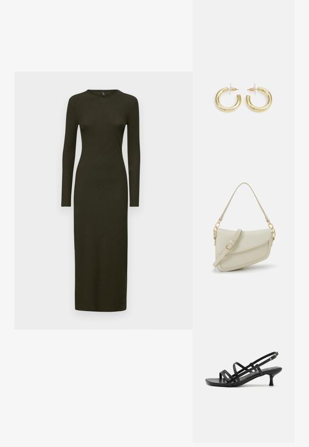 Garšs, pieguļošs kleitas modelis tumši olīvzaļā ribota audumā. Tam ir garas piedurknes un apaļa izgriezne, ar gludu, viendabīgu tekstūru visā virsmā.; Melni papēžu sandales ar vairākiem krustveida siksnām. Gluda materiāla, norādīta purngala un šaura papēža. Regulējama potītes siksna ar sprādzīti.; Maza krēmkrāsas rokas soma ar teksturētu apdari, garu regulējamu siksniņu, ķēdes akcentu un vāciņa aizdari. Zelta aparatūras detaļas.; Zelta auskari ar gludu, spīdīgu apdari. Apaļš dizains, kas ietver mazu tapu un caurspīdīgu pamatni drošai valkāšanai.