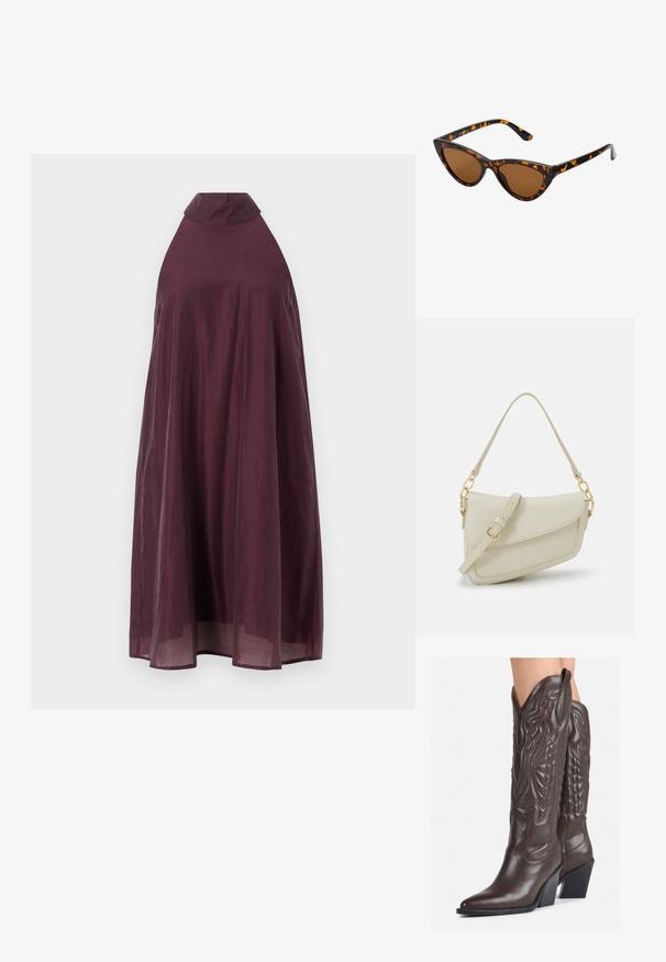 Wijngekleurde, mouwloze jurk met een hoge kraag en een vloeiende silhouette. Lichtgewicht stof valt tot kniehoogte en heeft een gladde textuur.; Bruine leren cowboylaarzen met een spitse neus en blokhak, voorzien van gedetailleerde stiksels en verhoogde accenten op de schacht.; Cat-eye zonnebril met een zwart en oranje schildpadframe, bruine lenzen en slanke, puntige uiteinden. Bevat een minimalistisch logo op de poot.; Kleine crèmekleurige handtas met een textuurafwerking, een lange verstelbare schouderband, een kettingaccent en een klepsluiting. Gouden hardware-details.
