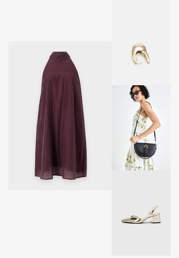 Veinpunane, ilma varrukat kleit kõrge kaelusega ja voolava siluetiga. Kerge kangas langeb põlvekõrgusele, omades siledat tekstuuri.; Kuldne, metallilised slingback-kudumid terava varba ja paksu kontsaga. Sile tekstuur, minimalistlik disain ja kitsas rihm.; Mustmust mustraha kõverate joontega, eemaldatava rihmaga ja kuldsete detailidega. Kotil on klapp, millel on pandladetail.; Kuldtooni metallist kõrvarõngas, millel on elegantne ja kaarjas disain. Omab silmapaistvat teravat kuju, poleeritud pinda ja hingesulgemist.