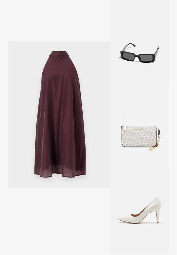 Robe sans manches de couleur vin, avec un col haut et une silhouette fluide. Le tissu léger tombe jusqu'aux genoux, présentant une texture lisse.; Chaussure à talon haut en cuir verni blanc avec un bout pointu et une surface lisse, dotée d'un talon fin et d'une découpe basse autour de l'ouverture.; Lunettes de soleil noires avec une monture rectangulaire, verres foncés et finition lisse et brillante. Présentent des branches fines avec un logo discret sur le côté.; Porte-monnaie Michael Kors en toile enduite beige avec un motif répété de logo MK, des accessoires en or et une bandoulière en chaîne amovible.; Boucles d'oreilles en métal doré avec un design ondulé ; surface lisse et réfléchissante ; forme asymétrique ; sans motifs ni éléments visibles.