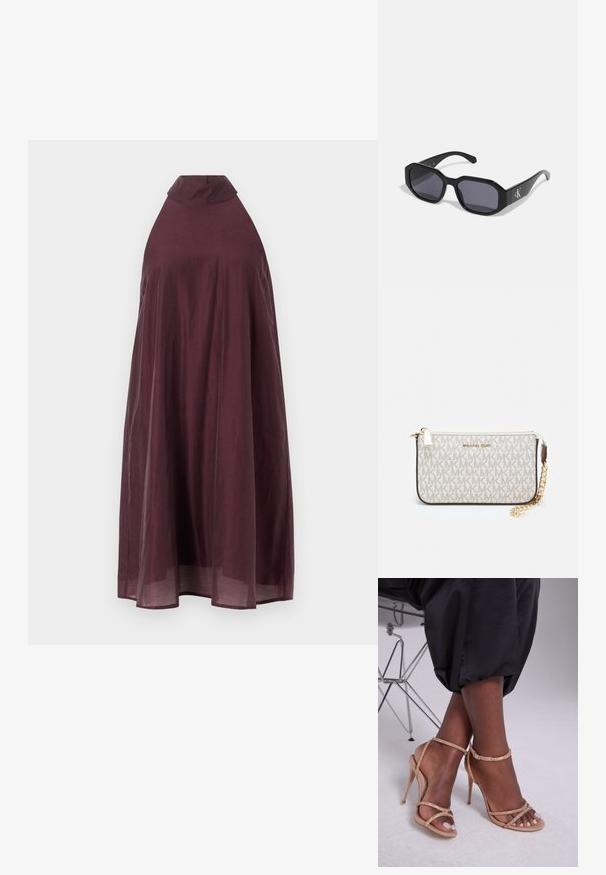 Robe sans manches de couleur vin, avec un col haut et une silhouette fluide. Le tissu léger tombe jusqu'aux genoux, présentant une texture lisse.; Sandales à talons beiges avec des embellissements en cristal, dotées d'un bout ouvert, de fines lanières et d'une silhouette épurée.; Lunettes de soleil noires avec une monture octogonale, verres sombres, matériau plastique brillant et un accent de logo argenté sur un côté.; Porte-monnaie Michael Kors en toile enduite beige avec un motif répété de logo MK, des accessoires en or et une bandoulière en chaîne amovible.; Boucles d'oreilles en métal doré avec un design ondulé ; surface lisse et réfléchissante ; forme asymétrique ; sans motifs ni éléments visibles.
