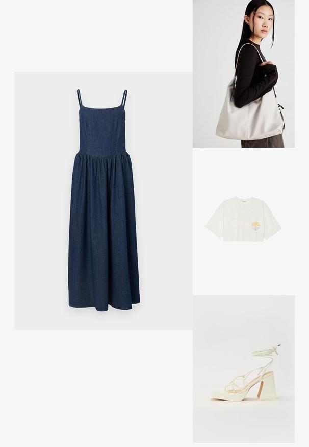 Denim maxi kleit, millel on sobiv rinnaosa, peened õlapaelad ja gathered vöökoht, sügavas tumesinises toonis. Ühtlane sile tekstuur.; Lühem valge puuvillane T-särk lühikeste varrukatega, millel on vasakul rinnal kollane palmitaim ja sinine laine graafika.; Valged kõrge kontsaga sandaalid, millel on paks konts ja rihmadega disain koos pahkluu sidumisega. Sile tekstuur ja platvorm ees, et lisada kõrgust.; Bež käekott pehme materjali, millel on lõtv disain, õmblustega detailid ja kaks õlarihma. Sobib igapäevaseks kasutamiseks.