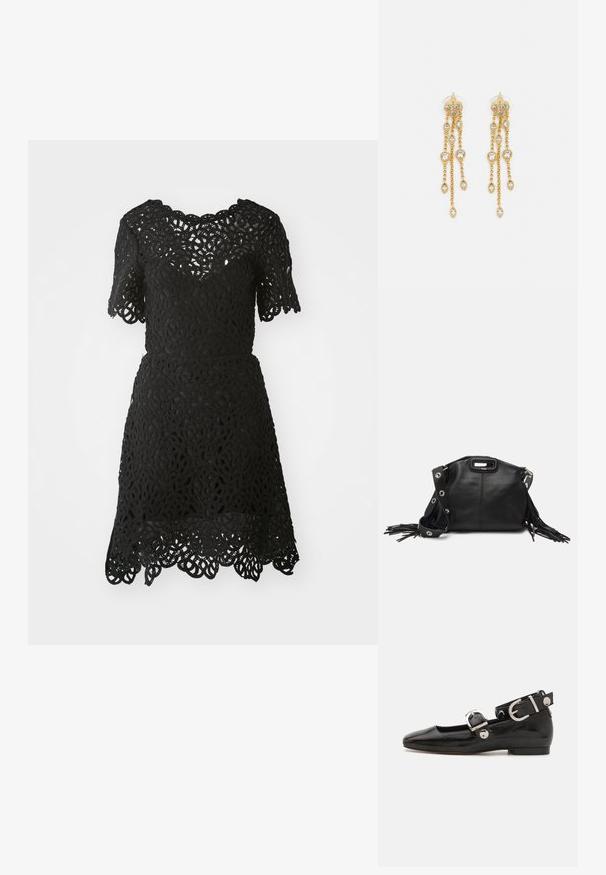 Fekete csipkés ruha rövid ujjakkal, bonyolult virágmintákkal és hullámos szegéllyel. Könnyű anyag, testhez simuló fazon.; Fekete lakkbőr lapos cipő négyzet alakú orral, ezüst hardware-rel ellátott bokapánttal és lapos talppal. Simaságával és minimalista dizájnjával kiemelkedő.; Maje MISS MINI - Keresztpántos táska - noir; Aranyszínű fülbevalók, több zuhanó lánccal, tiszta ovális strasszköves díszítéssel és dekoratív fülbevaló tetejével.