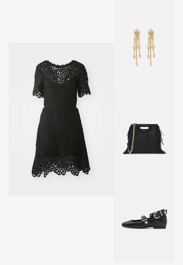 Čierne čipkované šaty s krátkymi rukávmi, zdobené zložitými kvetinovými vzormi a volánovým lemom. Ľahký materiál s priliehavým strihom.; Čierne lakované baleríny so štvorcovou špičkou, remienkom okolo členka so striebornými prvkami a plochou podrážkou. Hladký povrch s minimalistickým dizajnom.; Čierna kožená kabelka s strapcami, zlatým reťazovým ramenným popruhom a vykrojenou rukoväťou. Na prednej strane sa nachádza logo.; Zlaté náušnice s mnohými kaskádovými reťazcami, ozdobené jasnými oválnymi kryštálmi a dekoratívnymi puzdrami.