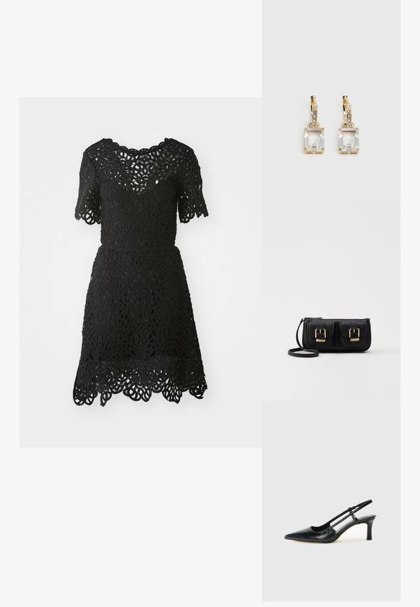 Robe en dentelle noire à manches courtes, ornée de motifs floraux élaborés et d'un ourlet festonné. Tissu léger avec une silhouette ajustée.; Escarpin slingback en vernis noir avec un bout pointu, présentant un imprimé serpent texturé, une sangle réglable et un petit talon bloc texturé.; Sac en cuir noir porté en travers avec deux poches avant, boucles dorées, fermeture zippée et une sangle fine. Surface texturée et forme rectangulaire compacte.; Boucles d'oreilles en or lumineux avec un cristal rectangulaire transparent pendent sous une rangée de petits accents ronds transparents. Design élégant et moderne.
