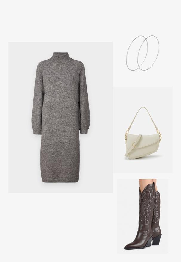 Robe en tricot grise avec un col montant, des manches longues amples et une coupe droite. Fabriquée dans un tissu doux et texturé, arrivant au mi-mollet.; Bottes de cowboy en cuir marron avec un bout pointu et un talon bloc, présentant des coutures détaillées et des accents en relief sur la tige.; Petit sac à main crème avec une finition texturée, une longue sangle réglable, un accent en chaîne et une fermeture à rabat. Détails en matériel doré.; Boucles d'oreilles en argent au design minimaliste. Forme circulaire, texture lisse et profil fin. Légères avec une finition polie.