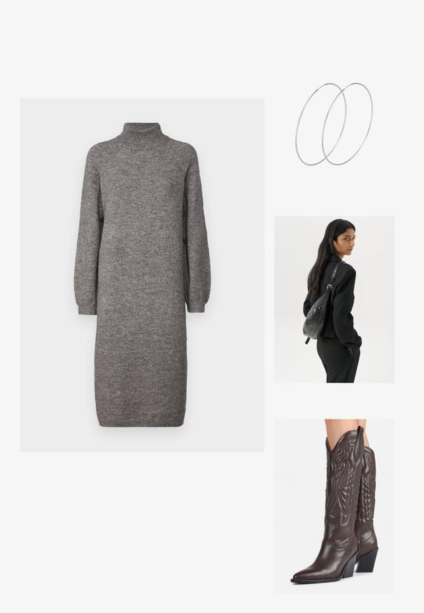 Grey knitted dress with a high neck, loose long sleeves, and a straight cut. Made of soft, textured fabric, reaching mid-calf.; Brown leather cowboy boots with pointed toe and block heel, featuring detailed stitching and raised accents on the shaft.; Woman with long dark hair wearing a black suit, carrying a black leather shoulder bag, looking over her shoulder against a white background.; Silver hoop earrings with a minimalist design. Circular shape, smooth texture, and thin profile. Lightweight with a polished finish.