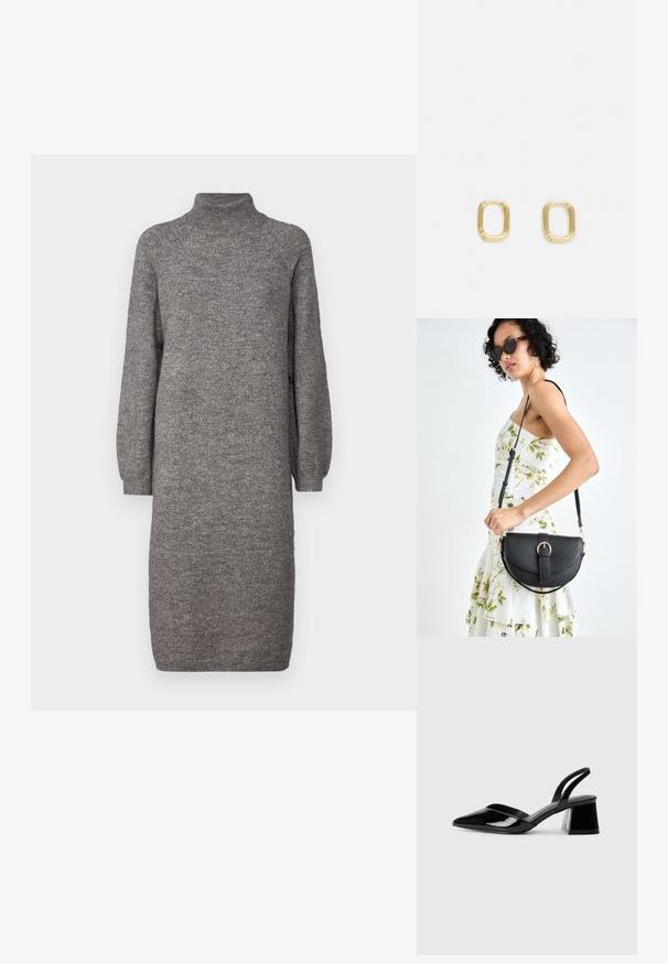 Pilkas megztinis su aukštu kaklu, laisvomis ilgomis rankovėmis ir tiesiu kirpimu. Pagamintas iš švelnios, tekstūruotos medžiagos, siekiančios per vidurinę blauzdą.; Juodos lakuotos odinės šlepetės su smailiu pirštu ir geometriniu bloko kulnu. Turi elegantišką, minimalistinį dizainą ir lygų paviršių.; Juodas odinis krepšys su išlenkta forma, nuimamu dirželiu ir auksiniais detalėmis. Krepšys turi kilpą su sagtimi.; Aukso stačiakampiai auskarai, turintys lygų paviršių ir suapvalintus kraštus. Dizainas pasižymi minimalistiška, geometrine forma.