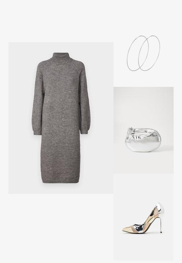 Hallide hall kampsuniga kleit, millel on kõrge kaelus, lõdvad pikad varrukad ja sirge lõige. Valmistatud pehmest, tekstuuriga kangast, ulatudes kuni põlve keskpaigani.; Kitsas toe kõrge kontsaga kingad, millel on hõbedane, kuldne ja nude värvilahendus. Läikiv viimistlus lõikekujundusega, stiletto konts.; Hõbedane metallikoti kott pehme, ümar kuju ja sõlme ülemise sulgemisega. Valmistatud siledast kunstnahast materjalist.; Hõbedased rõngastikkaehingad minimalistlikus disainis. Ümar kuju, sile tekstuur ja õhuke profiil. Kerged ning poleeritud viimistlusega.