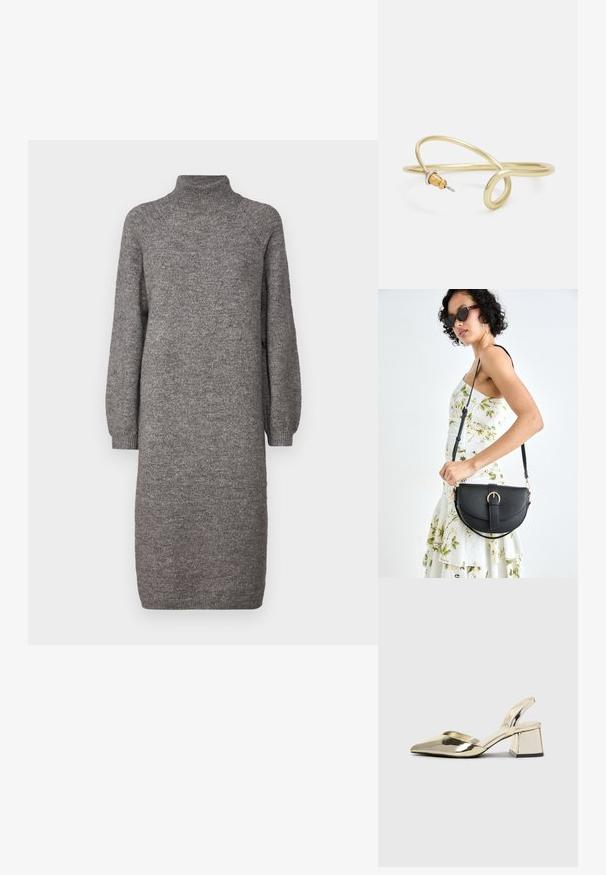 Robe en tricot grise avec un col montant, des manches longues amples et une coupe droite. Fabriquée dans un tissu doux et texturé, arrivant au mi-mollet.; Talons aiguilles dorés métalliques avec un bout pointu et un talon épais. Texture lisse, design minimaliste et une fine bride.; Sac à main en cuir noir avec une forme courbée, bandoulière amovible et des accessoires en or. Le sac est doté d'un rabat avec un détail de boucle.; Bracelet en métal couleur or avec un design fluide et courbé. Présente un petit accent argenté proéminent à une extrémité.