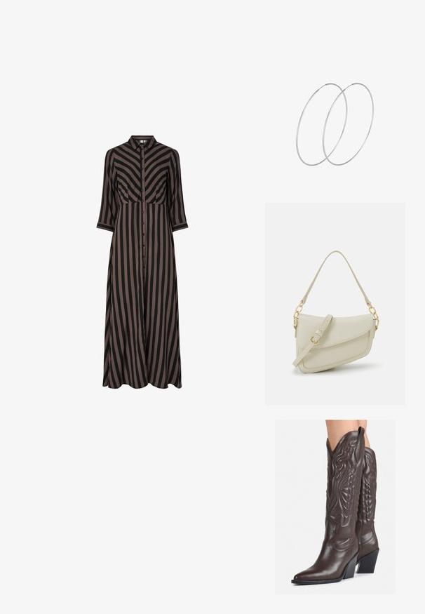 Ilga, mygtukais užsiseganti suknelė su vertikaliomis juodomis ir rudos spalvos juostelėmis, turinti apykaklę ir trijų ketvirčių rankovėmis. Pagaminta iš lengvos medžiagos.; Rudos odinės kaubojaus batai su smailiu priekiu ir blokuotu kulnu, pasižymintys detaliu siuvinėjimu ir iškiliais akcentais ant ašies.; Mažas kreminis rankinukas su tekstūruotu paviršiumi, ilga reguliuojama juostele, grandinėle ir užsegimu su atvartu. Aukso detalės.; Sidabrinės pusmėnulio auskarai minimalistiniu dizainu. Apskritimo forma, lygus paviršius ir plonas profilis. Lengvi su poliruotu apdailu.