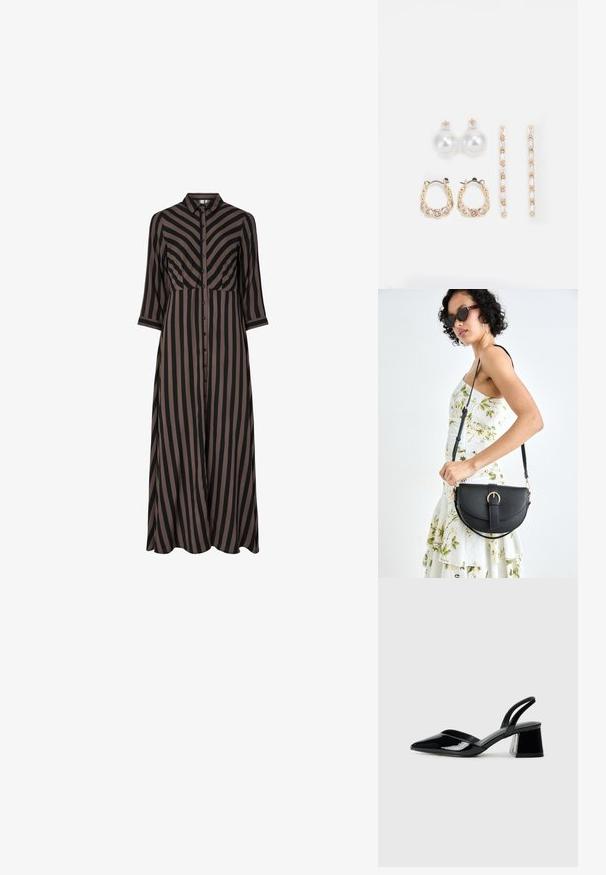 Dlouhé šaty na knoflíky s vertikálními černými a hnědými pruhy, se límcem a třičtvrtečními rukávy. Vyrobeno z lehkého materiálu.; Černé lakované kožené lodičky na pásku s špičatou špičkou a geometrickým blokovým podpatkem. Vyznačují se elegantním, minimalistickým designem a hladkým povrchem.; Černá kožená kabelka s křivkovým tvarem, odnímatelným popruhem a zlatými detaily. Kabelka má klopu s přezkou.; Tři páry náušnic: velké bílé perlové naušnice, zlaté kruhové naušnice s průhlednými drahokamy a dvě dlouhé, rovné zlaté naušnice s třpytivými detaily.